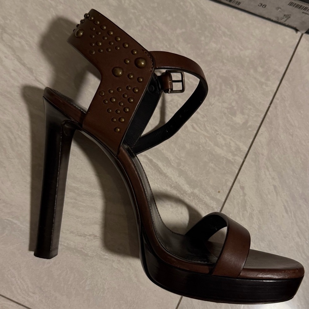 Saint Laurent Brown Leather Studded Platform Heel Sandal - Picture 8 of 11
